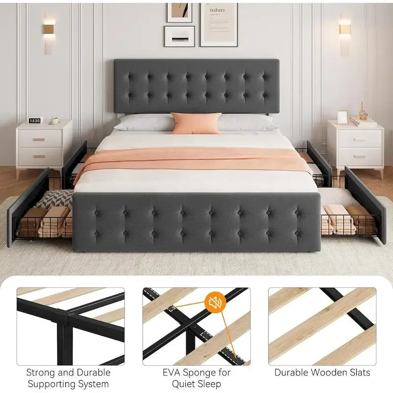 Bed Frame with Adjustable Headboard and 4 Storage Drawers