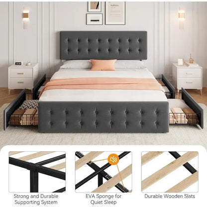 Bed Frame with Adjustable Headboard and 4 Storage Drawers