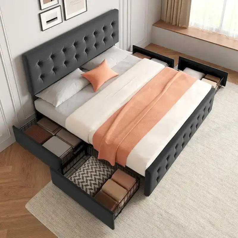 Bed Frame with Adjustable Headboard and 4 Storage Drawers