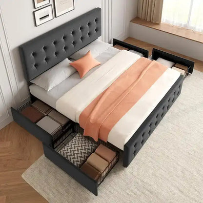 Bed Frame with Adjustable Headboard and 4 Storage Drawers