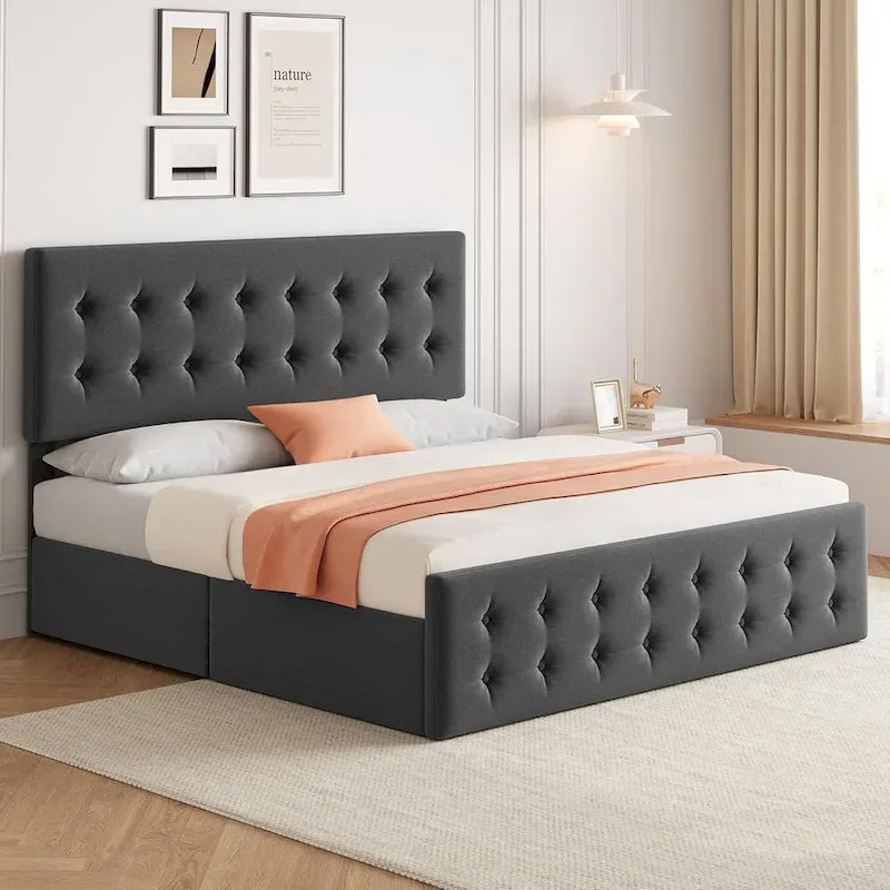 Bed Frame with Adjustable Headboard and 4 Storage Drawers