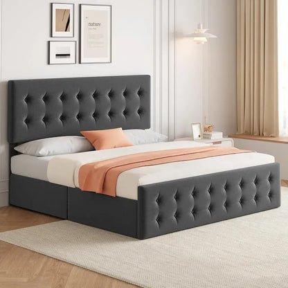 Bed Frame with Adjustable Headboard and 4 Storage Drawers