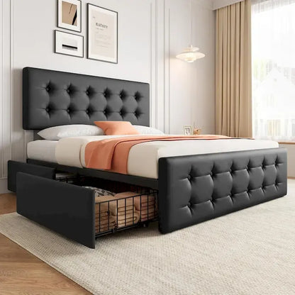 Bed Frame with Adjustable Headboard and 4 Storage Drawers