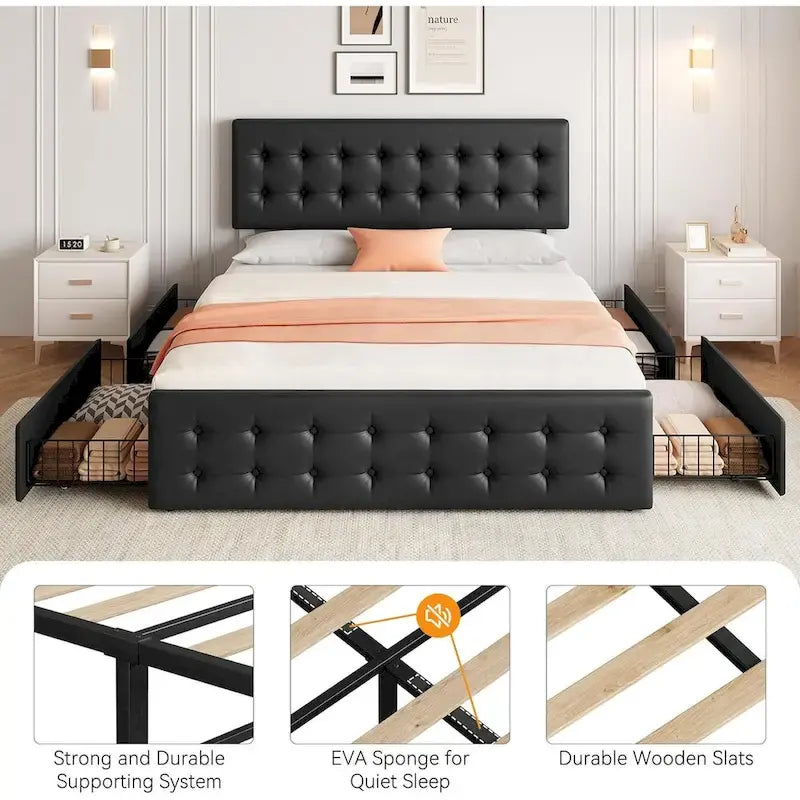 Bed Frame with Adjustable Headboard and 4 Storage Drawers