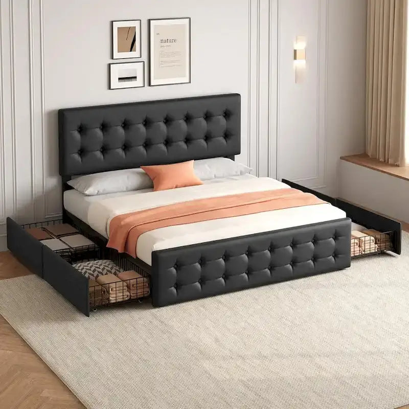 Bed Frame with Adjustable Headboard and 4 Storage Drawers
