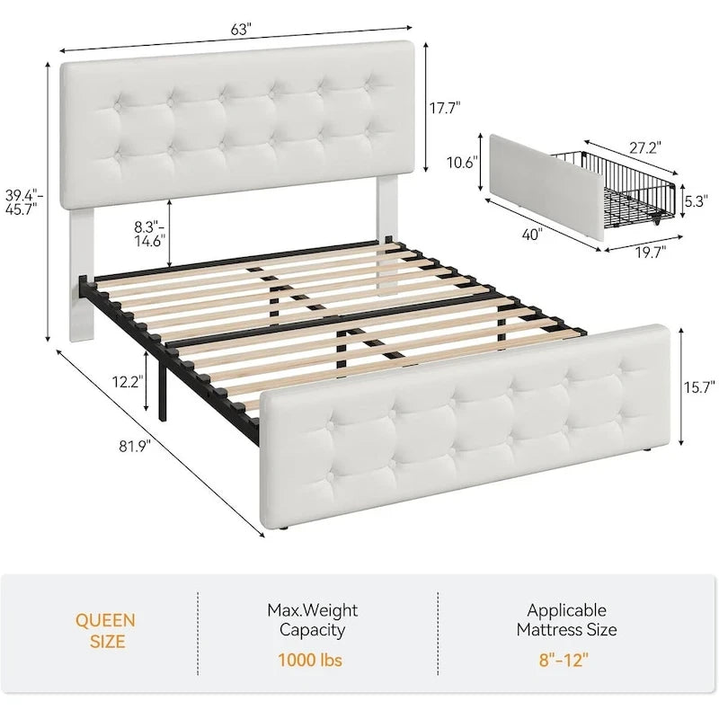 Bed Frame with Adjustable Headboard and 4 Storage Drawers