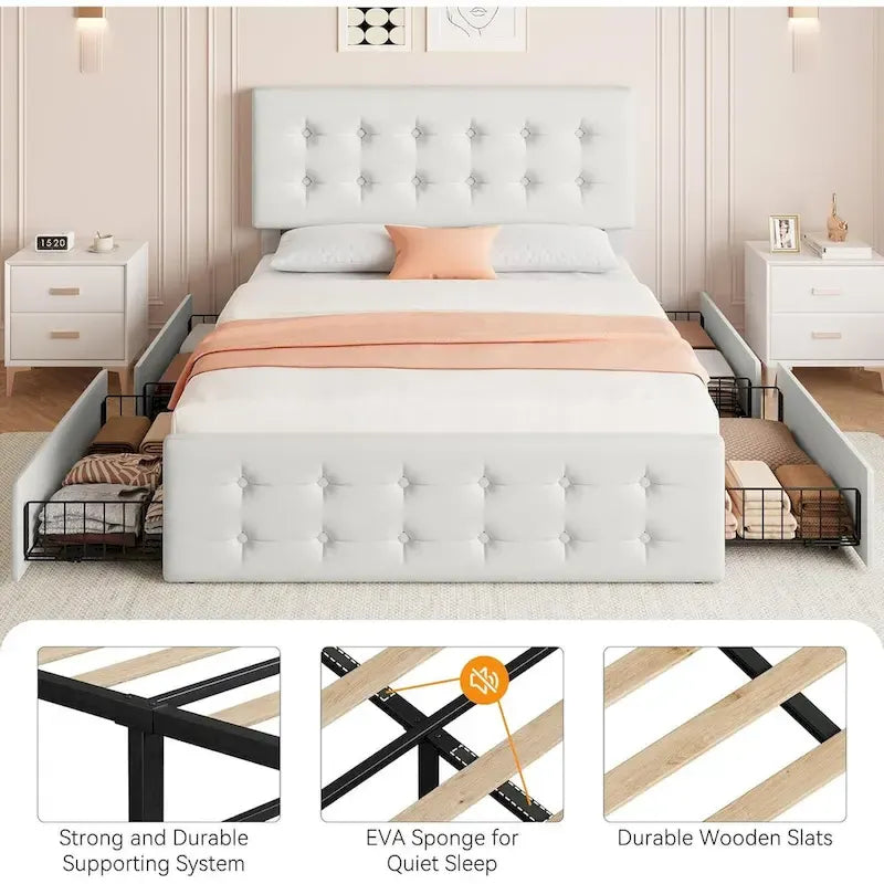 Bed Frame with Adjustable Headboard and 4 Storage Drawers