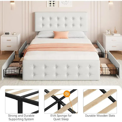 Bed Frame with Adjustable Headboard and 4 Storage Drawers
