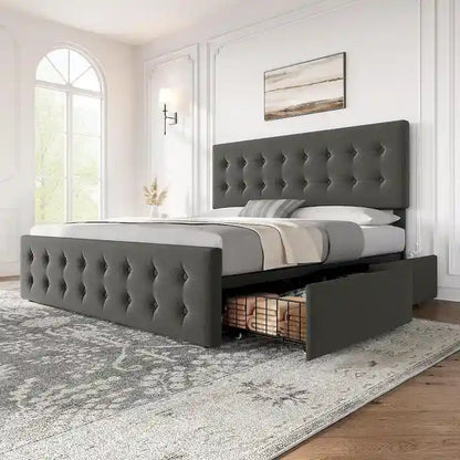 Bed Frame with Adjustable Headboard and 4 Storage Drawers
