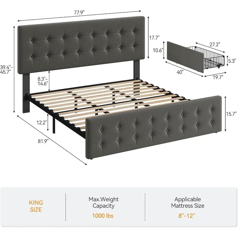 Bed Frame with Adjustable Headboard and 4 Storage Drawers