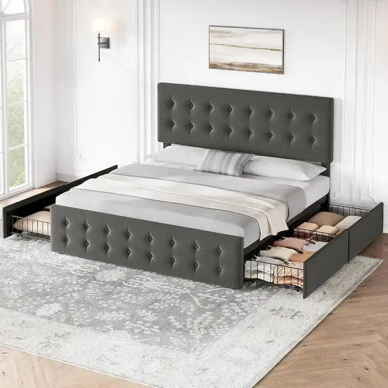 Bed Frame with Adjustable Headboard and 4 Storage Drawers