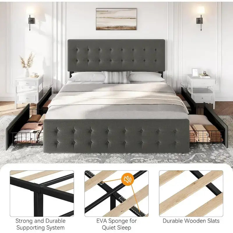 Bed Frame with Adjustable Headboard and 4 Storage Drawers