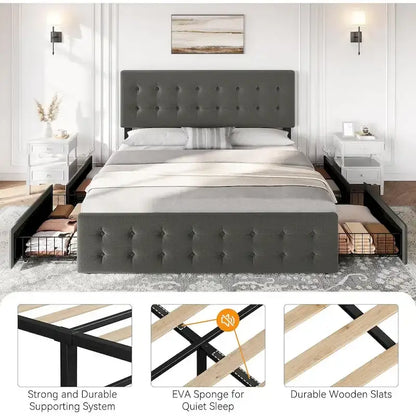 Bed Frame with Adjustable Headboard and 4 Storage Drawers