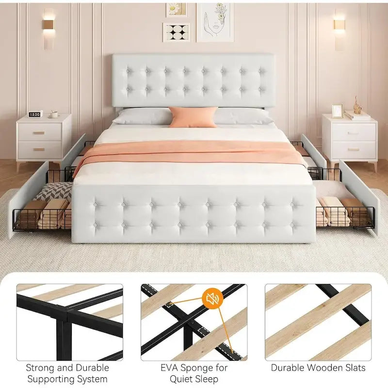 Bed Frame with Adjustable Headboard and 4 Storage Drawers