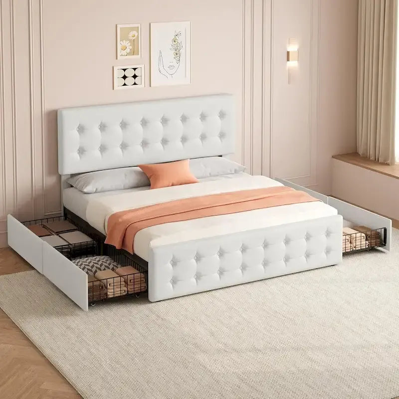 Bed Frame with Adjustable Headboard and 4 Storage Drawers
