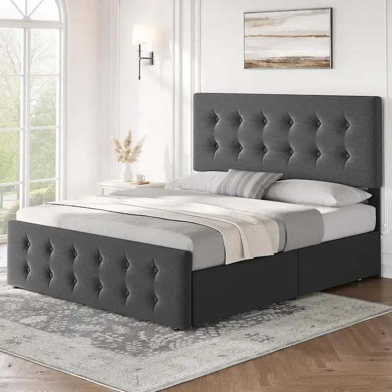 Bed Frame with Adjustable Headboard and 4 Storage Drawers