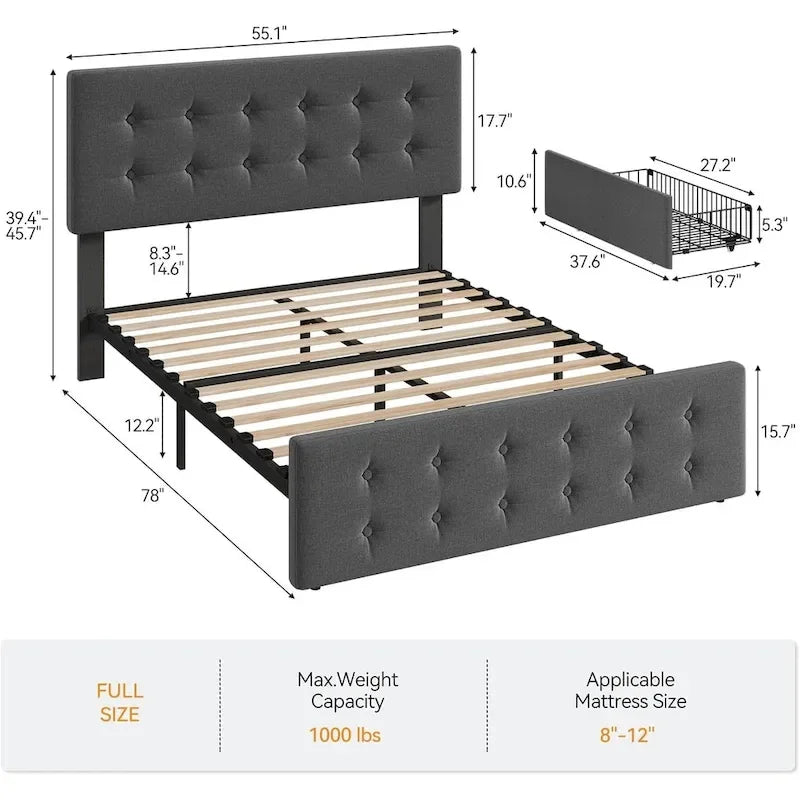 Bed Frame with Adjustable Headboard and 4 Storage Drawers