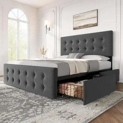 Bed Frame with Adjustable Headboard and 4 Storage Drawers