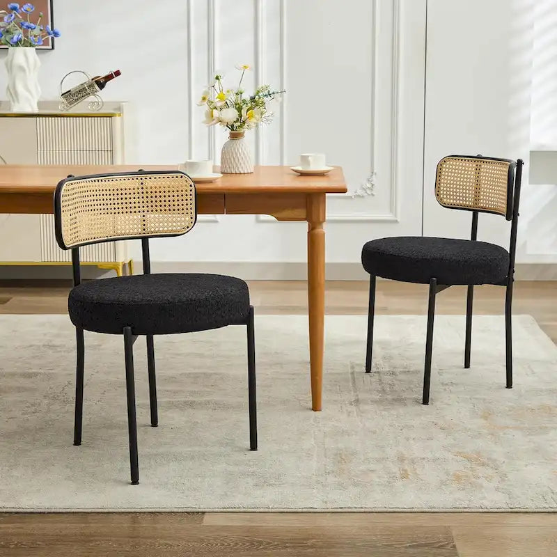 XINMICS Mid-Century Modern Dining Chairs, Boucle Upholstered Metal Side Chair with Rattan Cane Back, Set of 2 - set of 2