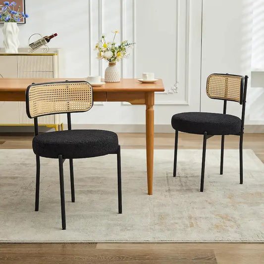 XINMICS Mid-Century Modern Dining Chairs, Boucle Upholstered Metal Side Chair with Rattan Cane Back, Set of 2 - set of 2