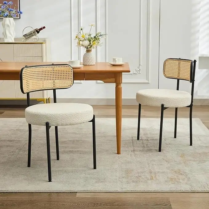 XINMICS Mid-Century Modern Dining Chairs, Boucle Upholstered Metal Side Chair with Rattan Cane Back, Set of 2 - set of 2