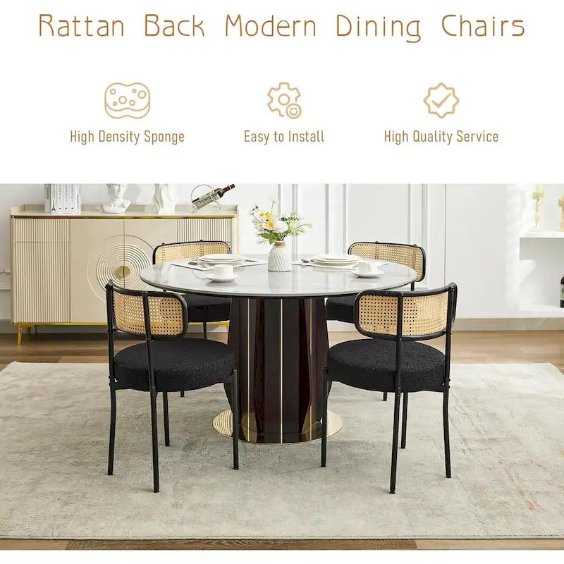 XINMICS Mid-Century Modern Dining Chairs, Boucle Upholstered Metal Side Chair with Rattan Cane Back, Set of 2 - set of 2