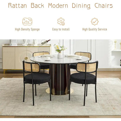 XINMICS Mid-Century Modern Dining Chairs, Boucle Upholstered Metal Side Chair with Rattan Cane Back, Set of 2 - set of 2