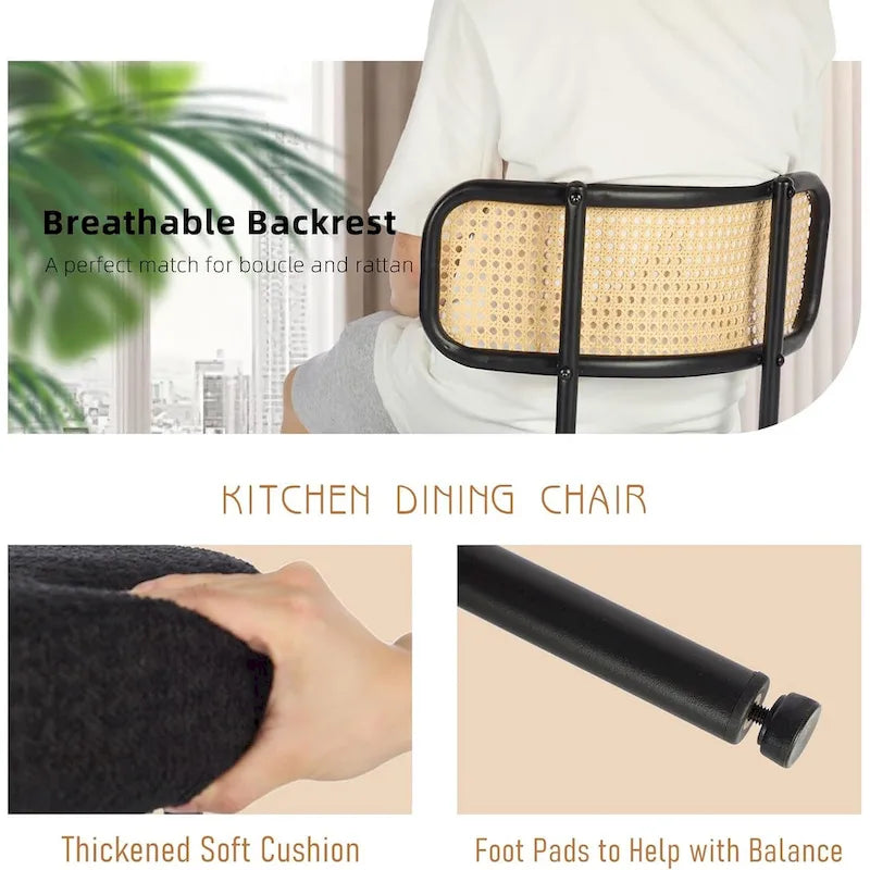 XINMICS Mid-Century Modern Dining Chairs, Boucle Upholstered Metal Side Chair with Rattan Cane Back, Set of 2 - set of 2