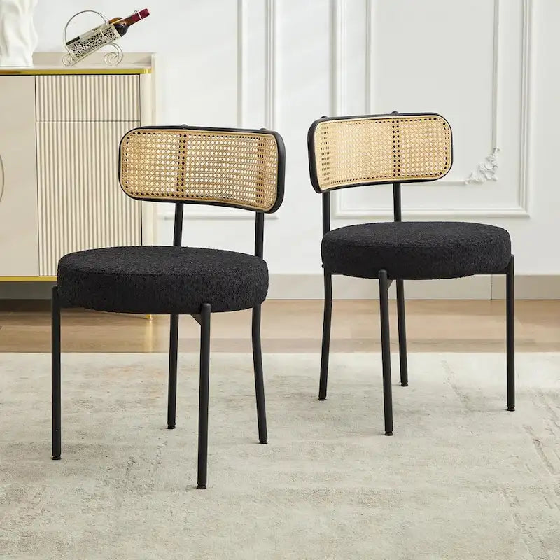 XINMICS Mid-Century Modern Dining Chairs, Boucle Upholstered Metal Side Chair with Rattan Cane Back, Set of 2 - set of 2