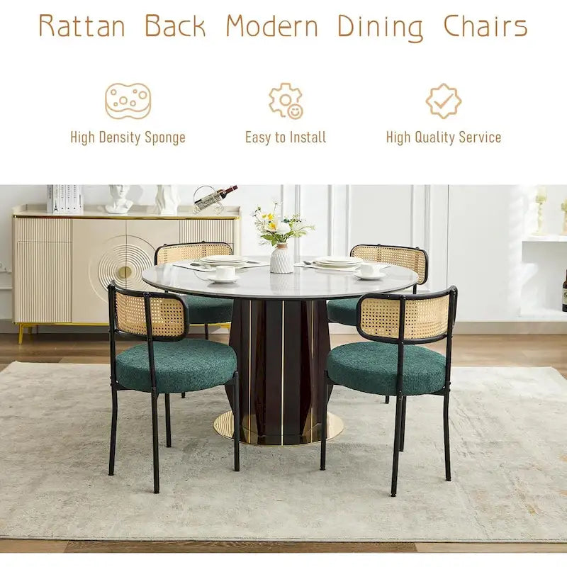 XINMICS Mid-Century Modern Dining Chairs, Boucle Upholstered Metal Side Chair with Rattan Cane Back, Set of 2 - set of 2