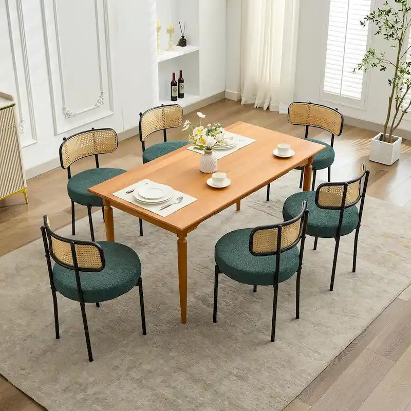 XINMICS Mid-Century Modern Dining Chairs, Boucle Upholstered Metal Side Chair with Rattan Cane Back, Set of 2 - set of 2