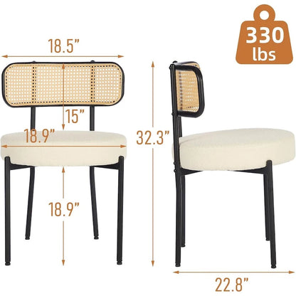 XINMICS Mid-Century Modern Dining Chairs, Boucle Upholstered Metal Side Chair with Rattan Cane Back, Set of 2 - set of 2