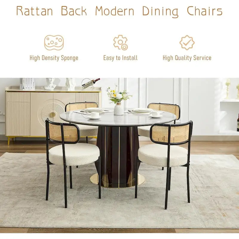 XINMICS Mid-Century Modern Dining Chairs, Boucle Upholstered Metal Side Chair with Rattan Cane Back, Set of 2 - set of 2