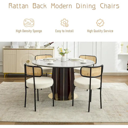 XINMICS Mid-Century Modern Dining Chairs, Boucle Upholstered Metal Side Chair with Rattan Cane Back, Set of 2 - set of 2