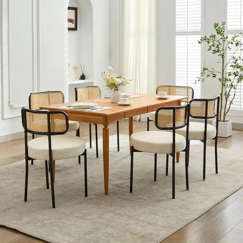 XINMICS Mid-Century Modern Dining Chairs, Boucle Upholstered Metal Side Chair with Rattan Cane Back, Set of 2 - set of 2