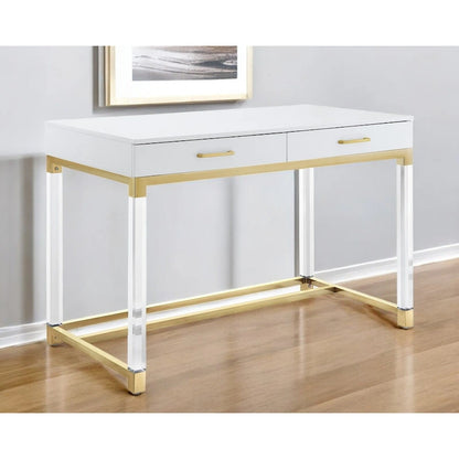 HomeRoots 48 White Clear and Gold Wood Acrylic and Stainless Steel Writing Desk With Two Drawers