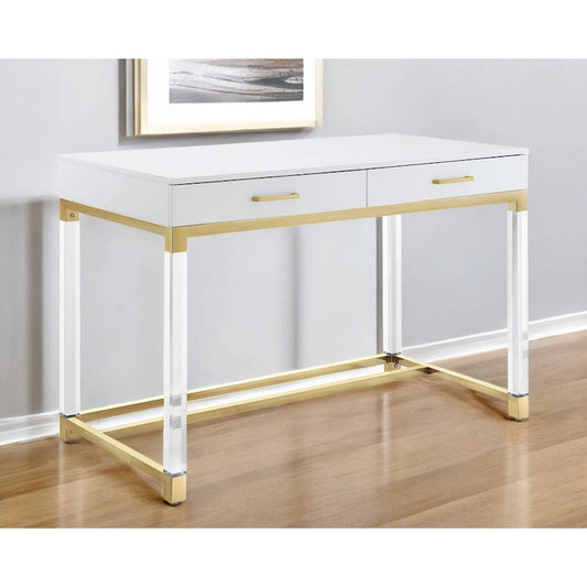 HomeRoots 48 White Clear and Gold Wood Acrylic and Stainless Steel Writing Desk With Two Drawers