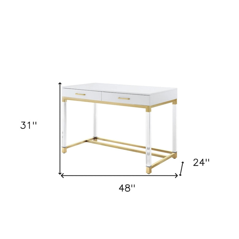 HomeRoots 48 White Clear and Gold Wood Acrylic and Stainless Steel Writing Desk With Two Drawers