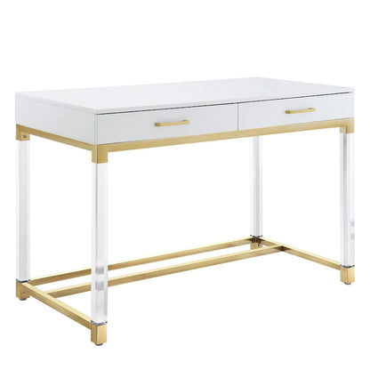 HomeRoots 48 White Clear and Gold Wood Acrylic and Stainless Steel Writing Desk With Two Drawers