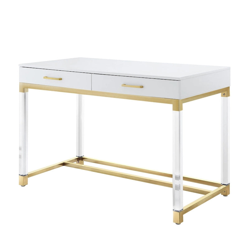 HomeRoots 48 White Clear and Gold Wood Acrylic and Stainless Steel Writing Desk With Two Drawers