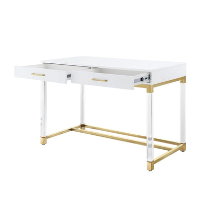 HomeRoots 48 White Clear and Gold Wood Acrylic and Stainless Steel Writing Desk With Two Drawers