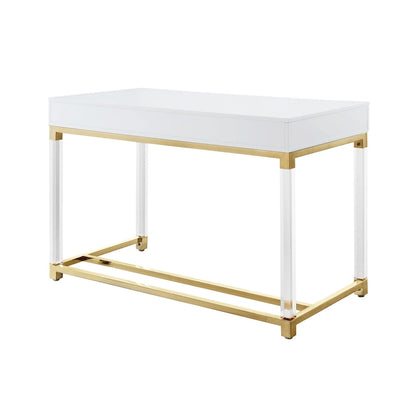 HomeRoots 48 White Clear and Gold Wood Acrylic and Stainless Steel Writing Desk With Two Drawers