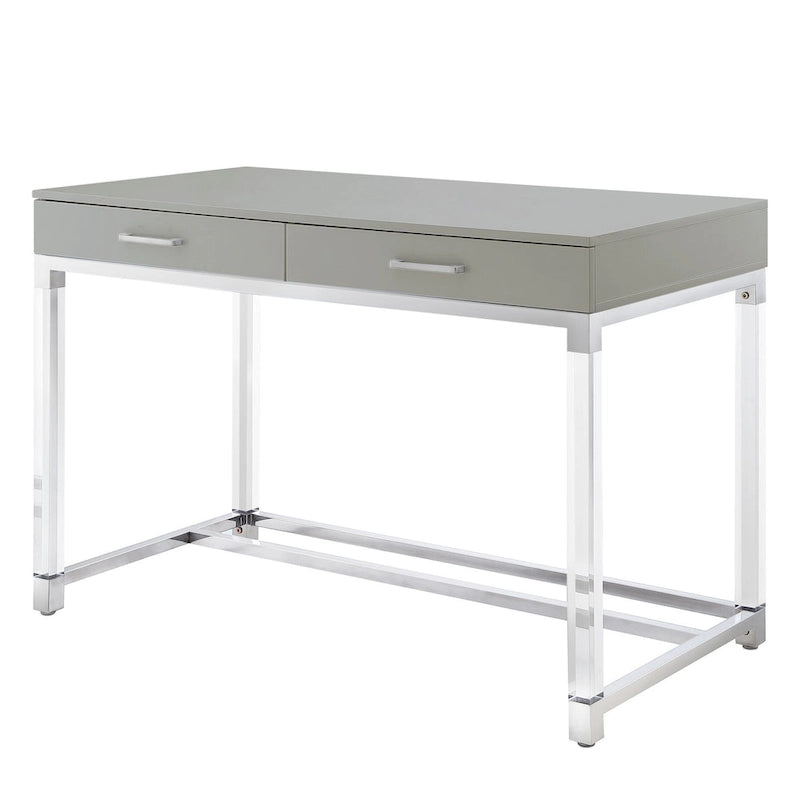 HomeRoots 48 White Clear and Gold Wood Acrylic and Stainless Steel Writing Desk With Two Drawers