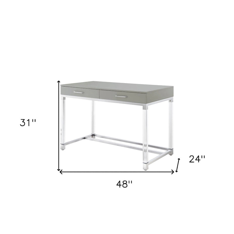 HomeRoots 48 White Clear and Gold Wood Acrylic and Stainless Steel Writing Desk With Two Drawers