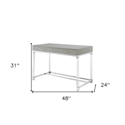 HomeRoots 48 White Clear and Gold Wood Acrylic and Stainless Steel Writing Desk With Two Drawers