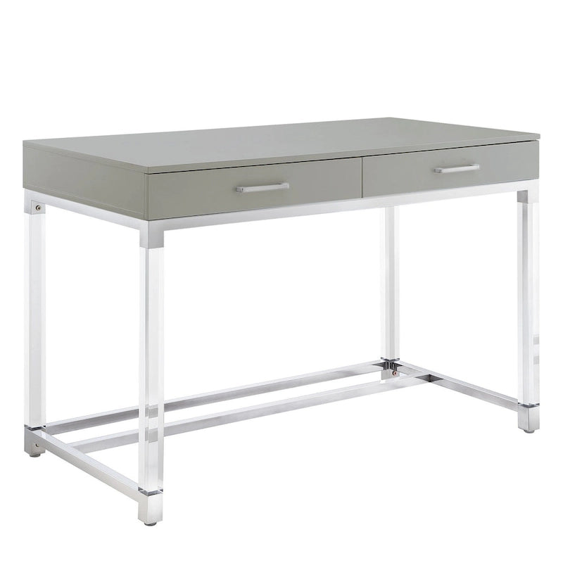 HomeRoots 48 White Clear and Gold Wood Acrylic and Stainless Steel Writing Desk With Two Drawers