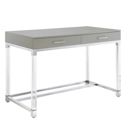 HomeRoots 48 White Clear and Gold Wood Acrylic and Stainless Steel Writing Desk With Two Drawers
