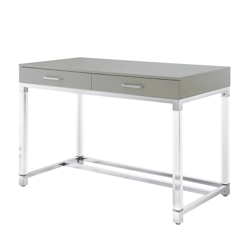 HomeRoots 48 White Clear and Gold Wood Acrylic and Stainless Steel Writing Desk With Two Drawers