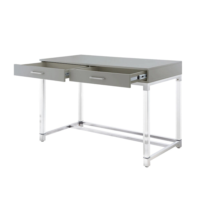 HomeRoots 48 White Clear and Gold Wood Acrylic and Stainless Steel Writing Desk With Two Drawers