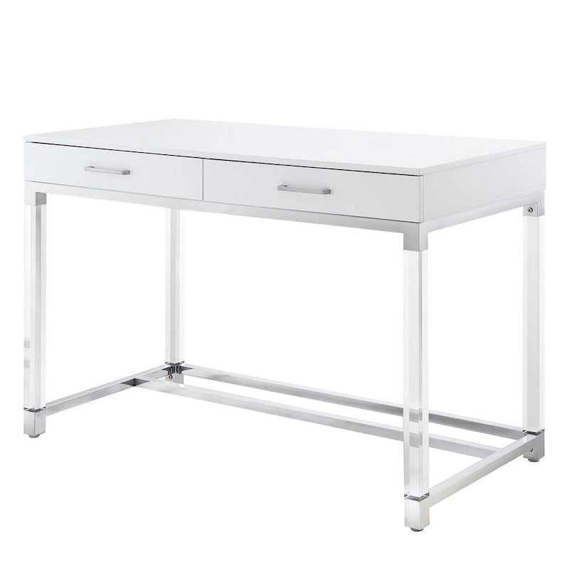 HomeRoots 48 White Clear and Gold Wood Acrylic and Stainless Steel Writing Desk With Two Drawers